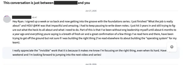 Direct message from a member: they signed up a week ago, finished "What the job is really about" and had to keep pausing to write down notes.