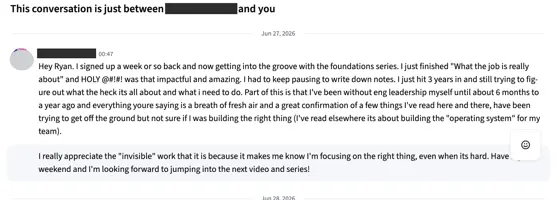 Direct message from a member: they signed up a week ago, finished "What the job is really about" and had to keep pausing to write down notes.